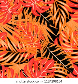 Tropical seamless pattern with orange leaves. Beautiful tropical isolated leaves. Fashionable summer background with orange leaves for fabric, wallpaper, paper, cover.