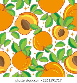 Melocotones anaranjados trópicos sin costuras con hojas. Fondo de fruta repetido. Impresión brillante para tela o papel pintado. Ilustración del vector