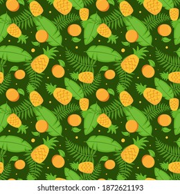Tropical Seamless Pattern with Orange, Pineapple, Banana Leaf, and Areca Palm Leaf. You can use this design to create poster, tshirt, pillow, tote bag, pouch, phone case, etc.