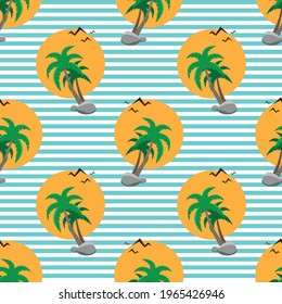 Tropical seamless pattern with orange sun, palm trees and flying birds on a light backdrop with blue stripes. Summer holidays. Vector illustration.