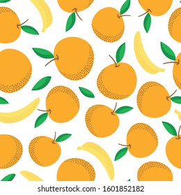 Tropical seamless pattern with oranges anda banana. Fruit repeated background. Vector bright print for fabric or wallpaper.