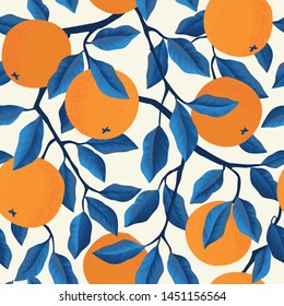 Tropical seamless pattern with oranges. Fruit repeated background. Vector bright print for fabric or wallpaper.