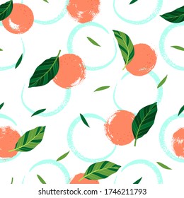 Tropical seamless pattern with oranges and hand drawn circles on white background. Vector illustration of summer. Exotic wallpaper. For web design, banners, printing on fabric, wrapping paper.