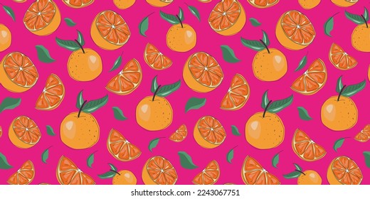 Tropical seamless pattern with oranges on a pink background. Fruit repeated background. Vector bright print for fabric or wallpaper.