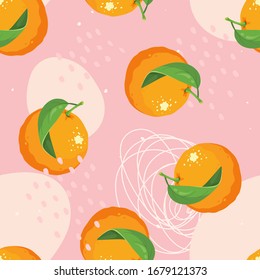 Tropical seamless pattern with oranges. Orange Fruits Background. Hand Drawn creative design - oranges fruits with leaves for fabric, wrapping, wallpaper, textile, apparel. Vector illustration