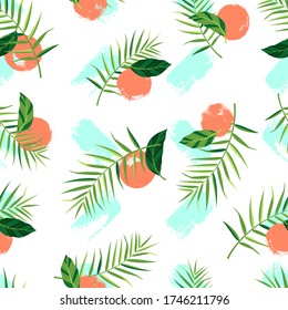 Tropical seamless pattern with oranges and palm leaves on white background. Vector illustration of summer. Exotic wallpaper with paint spots. For web, banners, printing on fabric, wrapping paper.