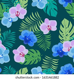 Tropical seamless pattern with orchid flowers and leaves