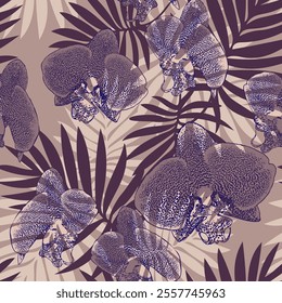 Tropical seamless pattern with orchid flowers and leaves in trendy color of the year 2025 Mocha Mousse tones background. Vector floral illustration.