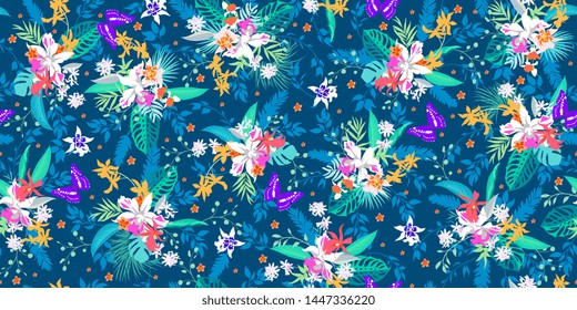 Tropical seamless pattern with orchids and butterflies for summer dress
