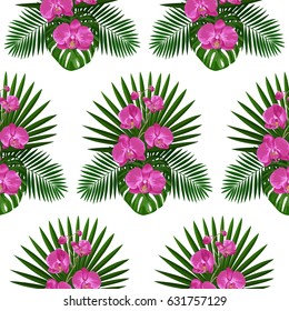 Tropical seamless pattern with orchids flowers and leaves. Tropic floral wallpaper isolated on white background. Exotic textile print.