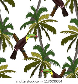 Tropical seamless pattern, orchids, monstera leaves, fan palm leaves and flamingoes on blue background. Hand drawn illustration.