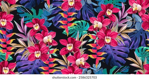 Tropical seamless pattern. Orchids, monstera, palms, plumeria, hibiscus. Paradise plants and flowers. Hawaiian pattern. Exotic, tropics