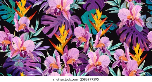 Tropical seamless pattern. Orchids, monstera, palms, plumeria, hibiscus. Paradise plants and flowers. Hawaiian pattern. Exotic, tropics