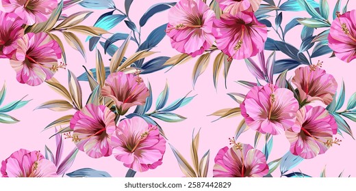 Tropical seamless pattern. Orchids, monstera, palms, plumeria, hibiscus. Paradise plants and flowers. Hawaiian pattern. Exotic, tropics