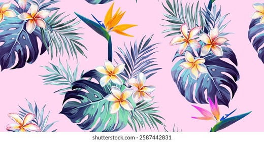 Tropical seamless pattern. Orchids, monstera, palms, plumeria, hibiscus. Paradise plants and flowers. Hawaiian pattern. Exotic, tropics