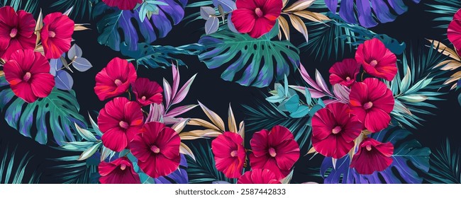 Tropical seamless pattern. Orchids, monstera, palms, plumeria, hibiscus. Paradise plants and flowers. Hawaiian pattern. Exotic, tropics