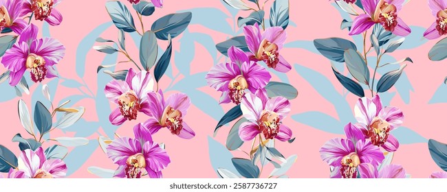 Tropical seamless pattern. Orchids, monstera, palms, plumeria, hibiscus. Paradise plants and flowers. Hawaiian pattern. Exotic, tropics