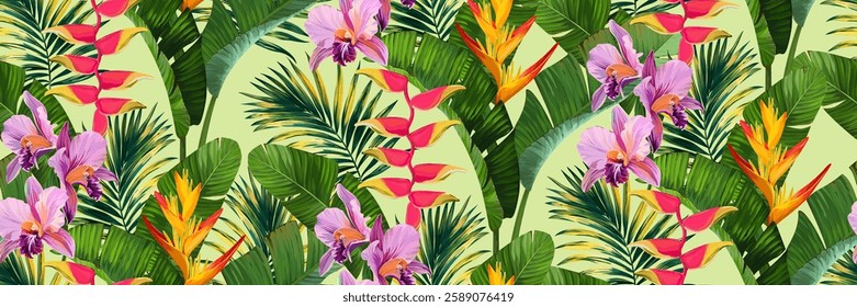 Tropical seamless pattern. Orchids, monstera, palms, plumeria, hibiscus. Paradise plants and flowers. Hawaiian pattern. Exotic, tropics