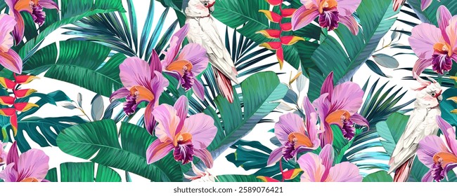 Tropical seamless pattern. Orchids, monstera, palms, plumeria, hibiscus. Paradise plants and flowers. Hawaiian pattern. Exotic, tropics