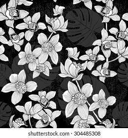 Tropical seamless pattern with orchids and palm leaves. Monochrome vector background.