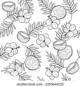 Patrón tropical sin fisuras con cocos de contorno, flores y hojas. Color blanco y negro. Ideal para colorear página, tela, textiles, impresiones, rayado, papel de embalaje y decoración de fiesta