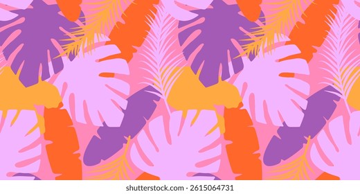 Tropical seamless pattern with overlapping monstera and palm leaves in retro lavender, orange and pink shades. Botanical background for packaging, fabric, wallpaper, wrapping, summer designs, etc.