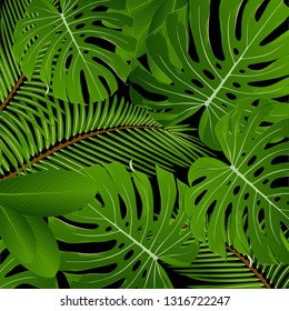 Tropical seamless pattern  with painted hands of exotic green monstera leaves.