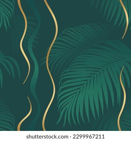 Tropisches nahtloses Muster mit Palmbranchen und Limana. Moderner Hintergrund auf waldgrünem und goldenem Hintergrund