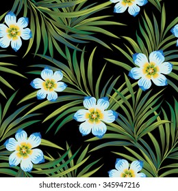 Tropical seamless pattern with palm branches and flowers on a black background. Vector illustration.