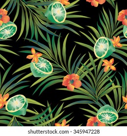 Tropical seamless pattern with palm branches, flowers and lemons on a black background. Vector illustration.