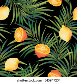 Tropical seamless pattern with palm branches and lemons on a black background. Vector illustration.