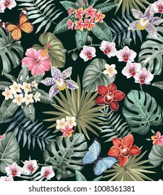 Tropical seamless pattern with palm leaves and exotic flowers. Vector illustration.