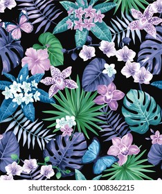 Tropical seamless pattern with palm leaves and exotic flowers. Vector illustration.