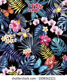 Tropical seamless pattern with palm leaves and exotic flowers. Vector illustration.