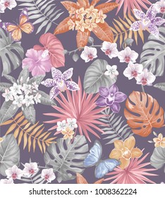 Tropical seamless pattern with palm leaves and exotic flowers. Vector illustration.