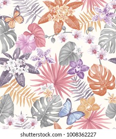Tropical seamless pattern with palm leaves and exotic flowers. Vector illustration.