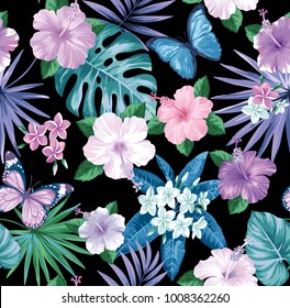Tropical seamless pattern with palm leaves and exotic flowers. Vector illustration.