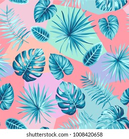 Tropical seamless pattern with palm leaves. Vector illustration.