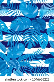 Tropical seamless pattern with palm leaves on blue background. Vector set of exotic tropical garden for holiday invitations, greeting card and fashion design.