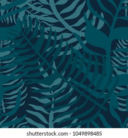 Tropical seamless pattern with palm leaves. Summer floral pattern with green palm foliage on dark background. Cool seamless pattern for textile industry. Vector