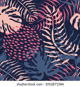 Tropical seamless pattern with palm leaves. Summer floral pattern with pink palm leaves and monstera foliage on dark background. Memphis seamless pattern for textile industry. Vector