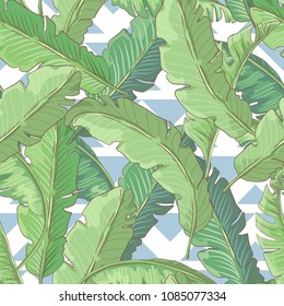 Tropical seamless pattern with palm leaves on abstract background. Exotic vector background.