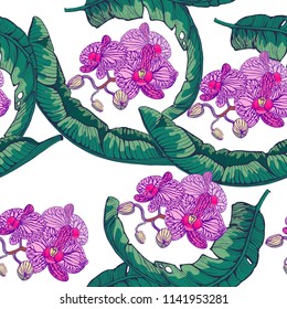 tropical seamless pattern with palm leaves and exotic flowers, vector, hand drawing