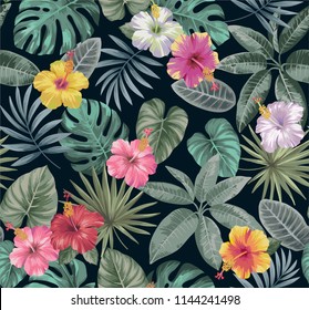 Tropical seamless pattern with palm leaves and exotic flowers. Vector illustration.