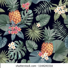 Tropical seamless pattern with palm leaves and exotic flowers. Vector illustration.