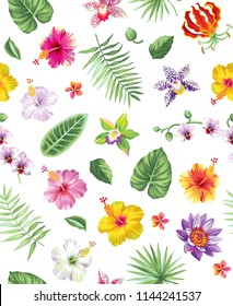 Tropical seamless pattern with palm leaves and exotic flowers. Vector illustration.