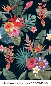 Tropical seamless pattern with palm leaves and exotic flowers. Vector illustration.