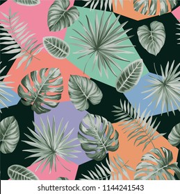 Tropical seamless pattern with palm leaves and exotic flowers. Vector illustration.