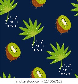 Patrón tropical sin fisuras con hojas de palma y kiwi sobre fondo oscuro. Aseo para textiles y envolturas. Vector.