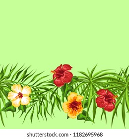 Tropical seamless pattern. Palm leaves and hibiscus flowers.